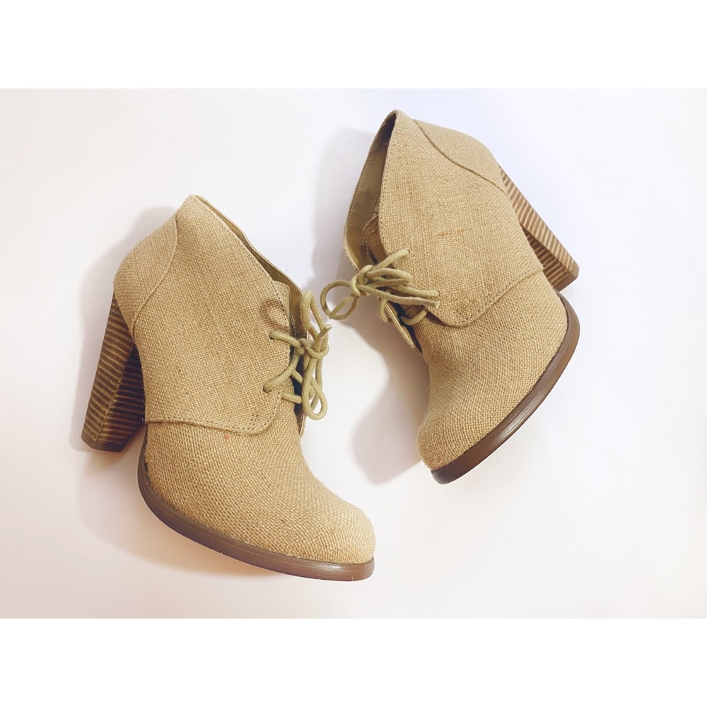 Anthropologie Tan Linen Lace-Up Ankle Booties